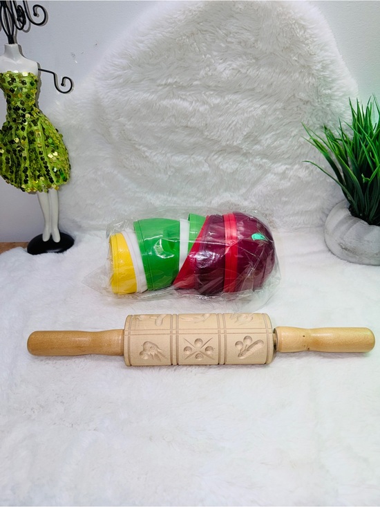 Other - 10” Wooden Embossed Rolling Pin with Organizing Storage Fruit/Veggie Containers